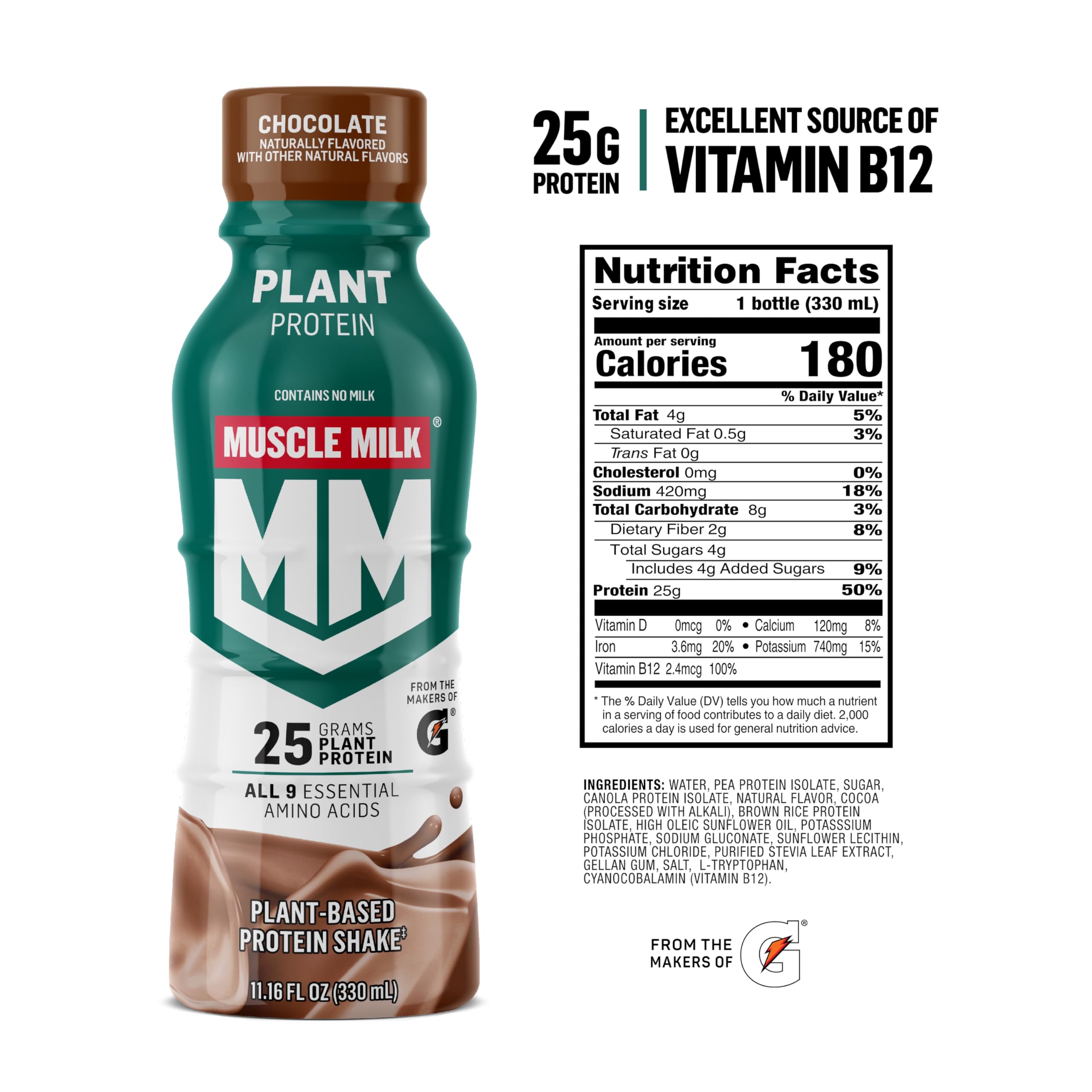 Pouring Muscle Milk Plant Based Protein Shake chocolate into a glass for a protein boost.