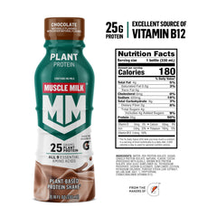 Pouring Muscle Milk Plant Based Protein Shake chocolate into a glass for a protein boost.