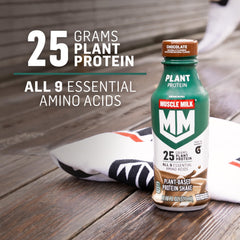 Muscle Milk Plant Based Protein Shake glass with vanilla caramel, ideal as post-workout snack.
