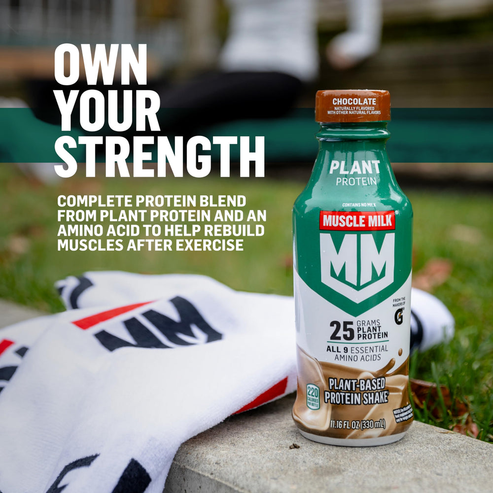 Muscle Milk Plant Based Protein Shake 12-pack display highlighting value and convenience.