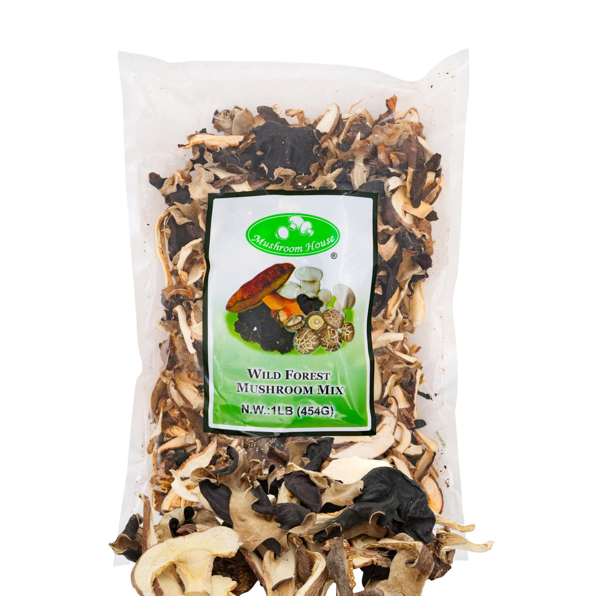 Mushroom House Dried Wild Forest Blend packaging seal highlighting freshness and resealable design.