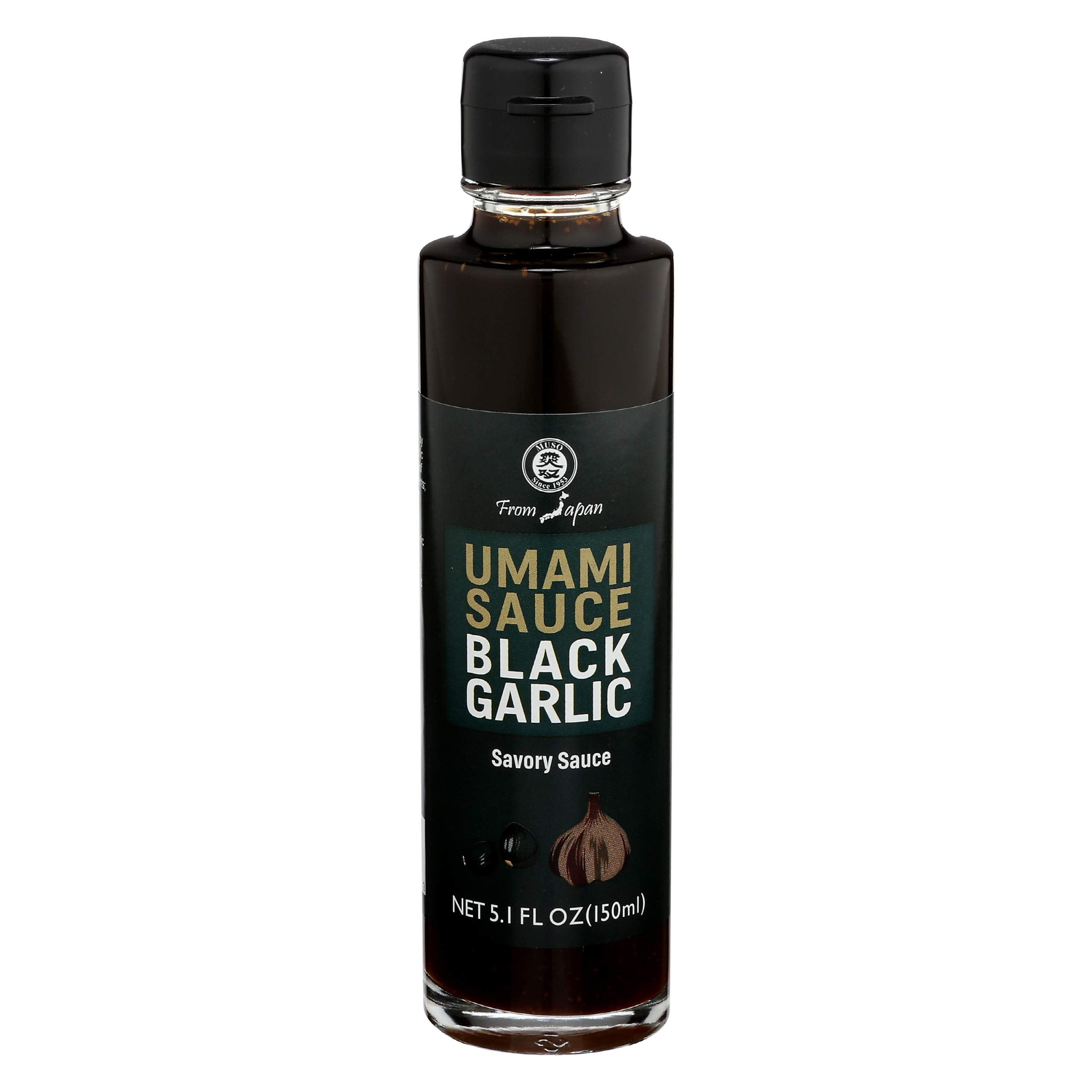 Muso From Japan Black Garlic Umami Sauce bottle pour enhances savory meals