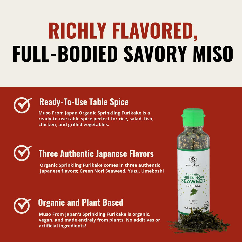 Muso From Japan furikake atop sushi rolls adds colorful umami.