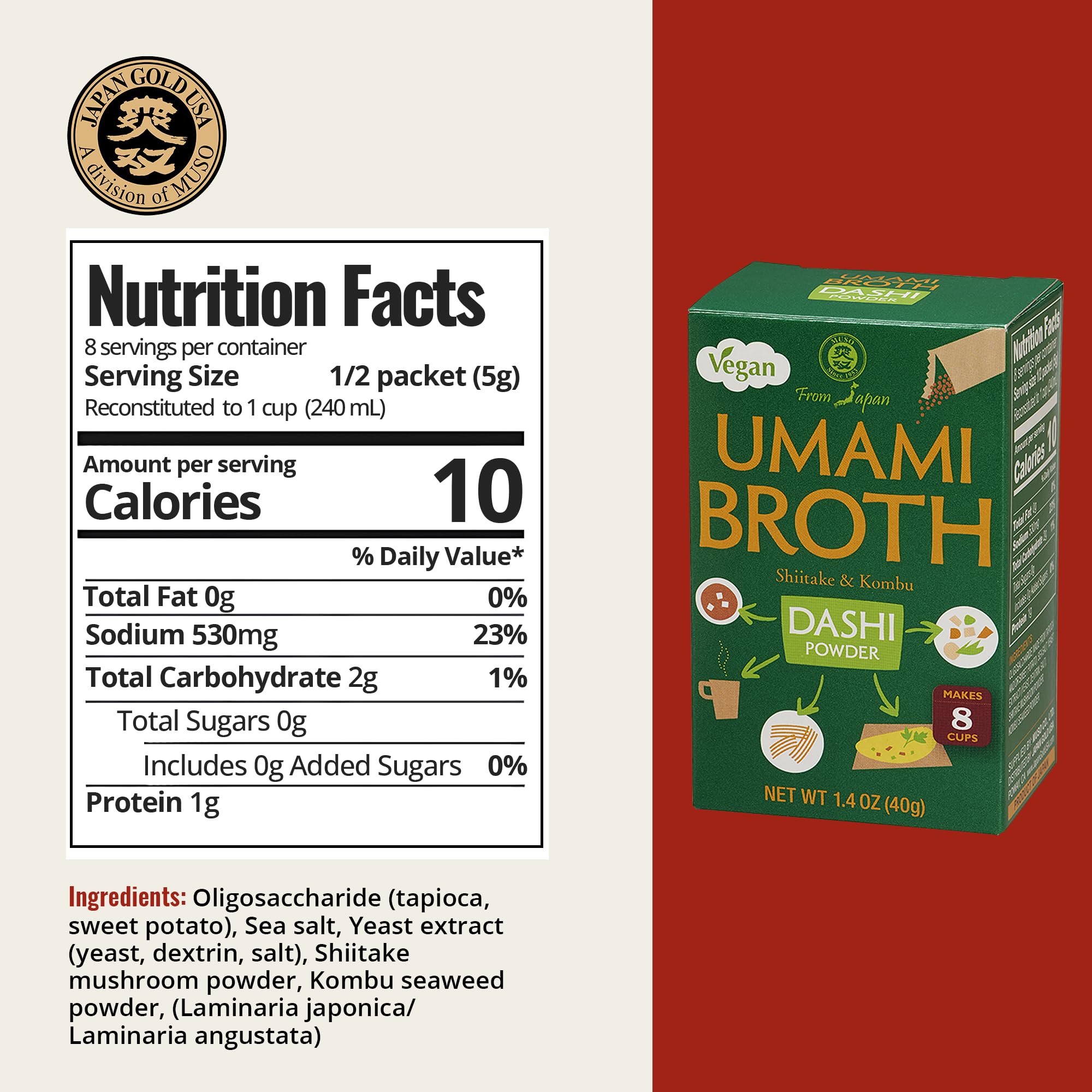 Muso From Japan dashi packaging showcases convenient four-sachet vegan broth.