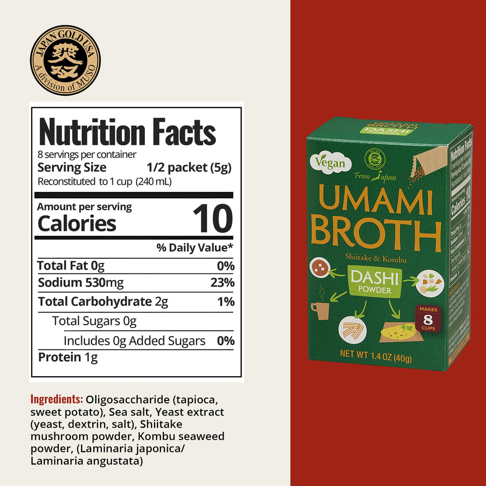 Muso From Japan dashi packaging showcases convenient four-sachet vegan broth.