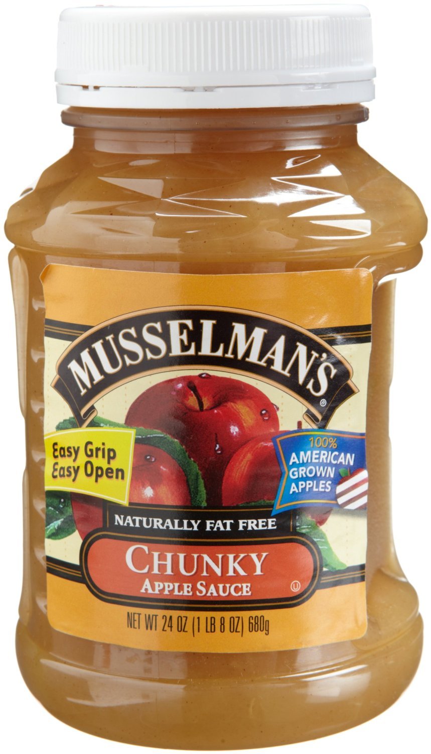 Musselmans Chunky Applesauce 24oz bottle in a 4-pack, ideal for quick, kid-friendly snacks.