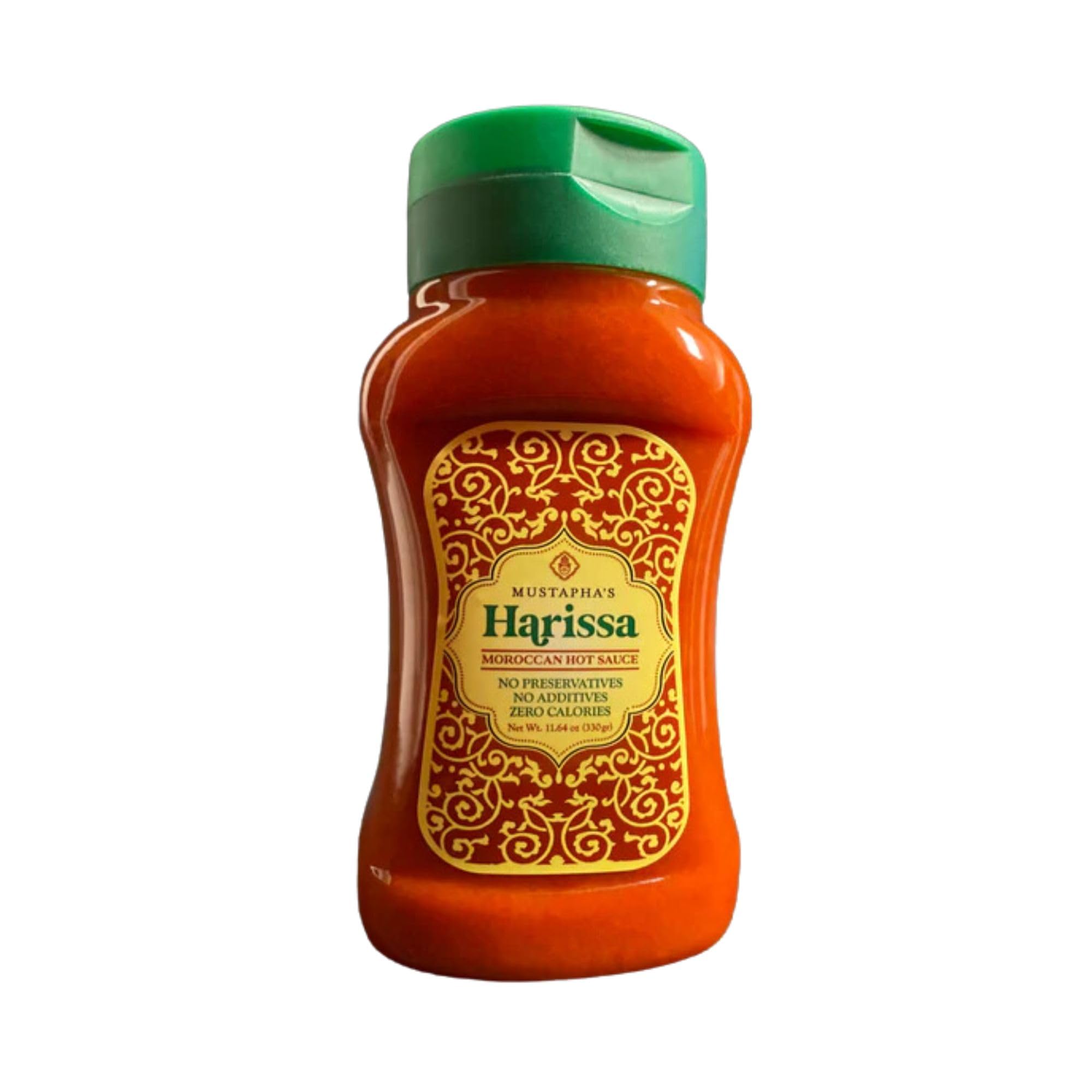 Mustapha's Harissa Hot Sauce bottle close-up showing bold color and versatile flavor
