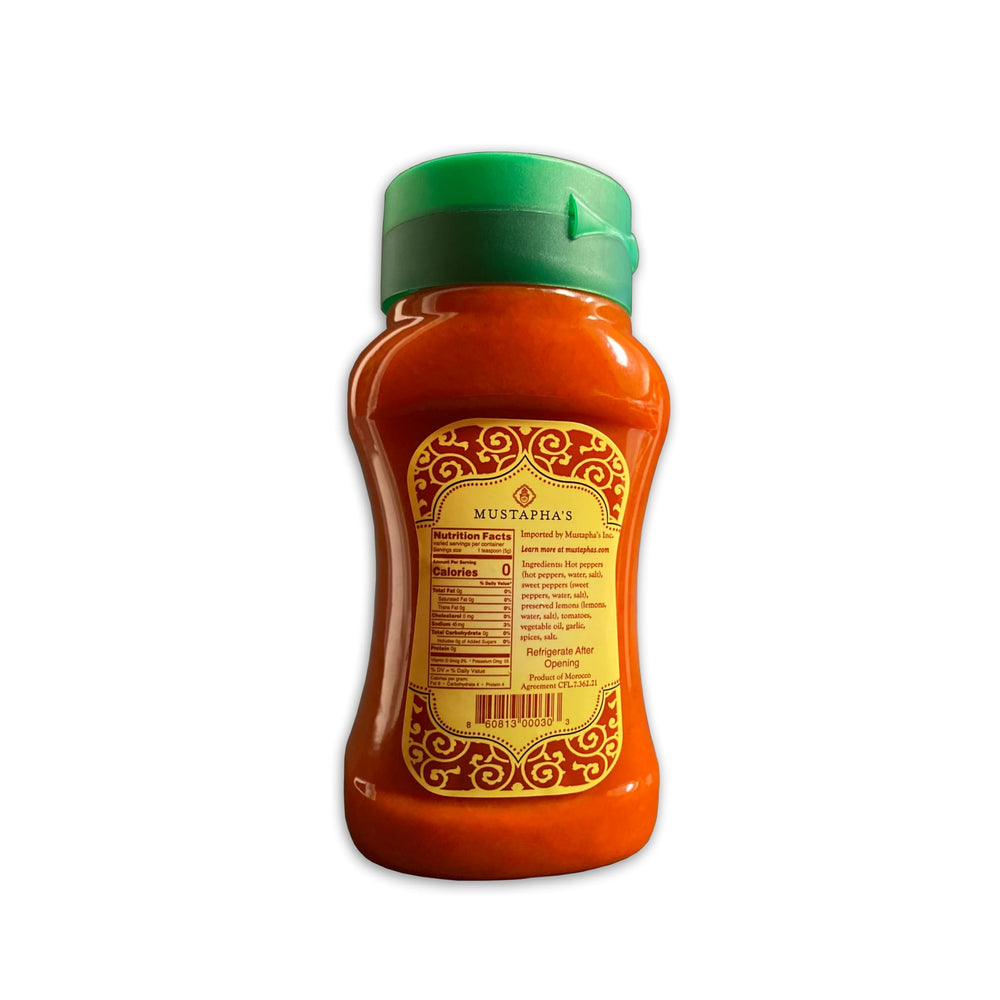 Mustapha's Harissa Hot Sauce pour bottle enables quick, flavorful add-ins