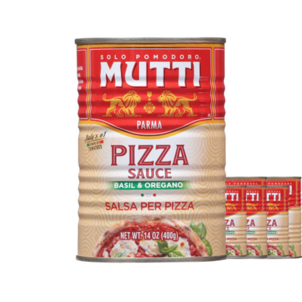 Mutti pizza sauce front label with basil and oregano highlighting Italian flavor for pizza