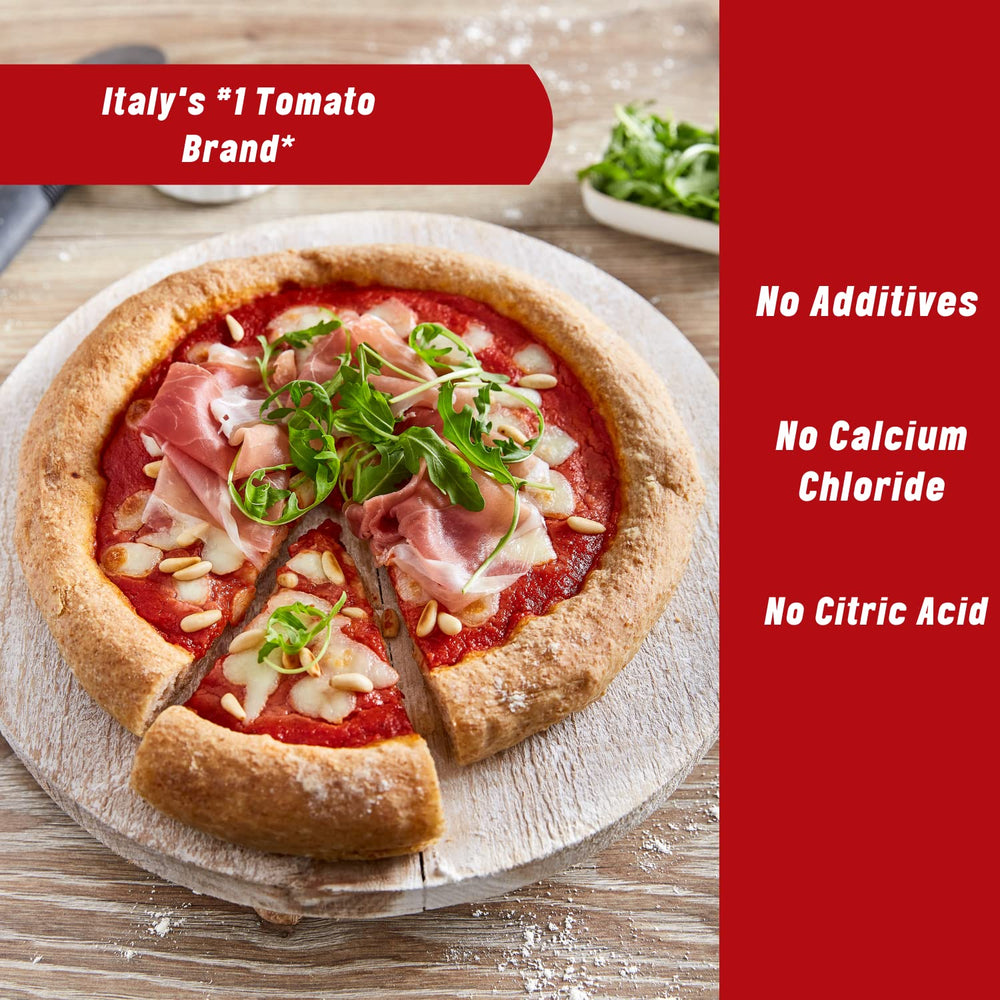 Mutti tomato sauce pouring action emphasizes rich flavor perfect for flatbreads
