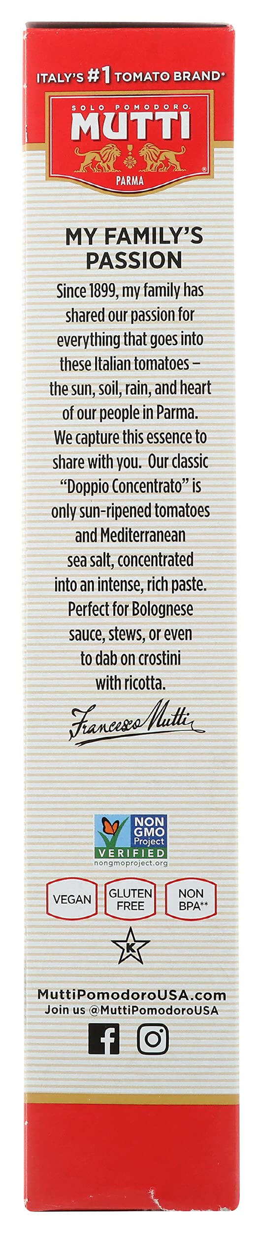Mutti tomato paste tube opened; spread-ready flavor boost for meals.