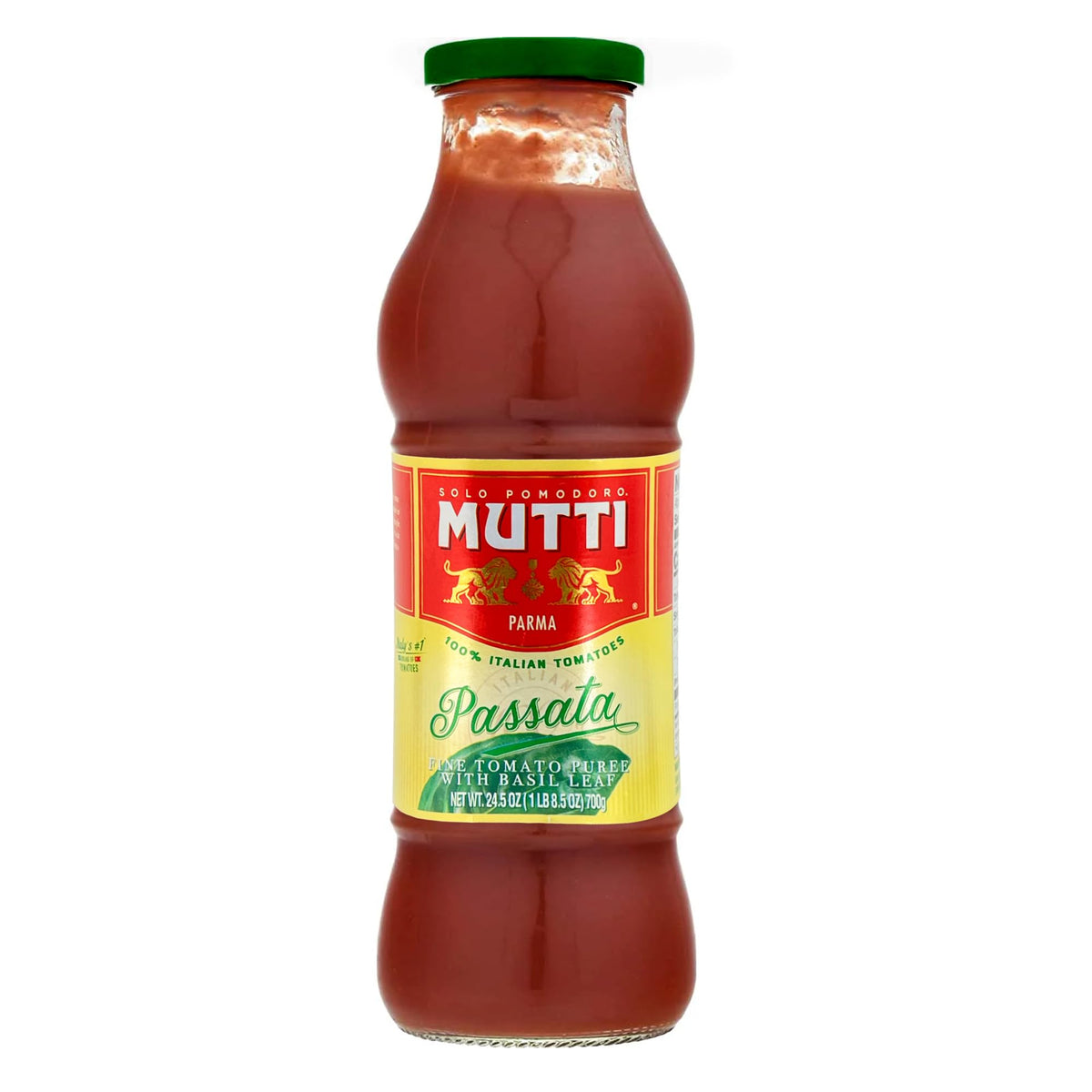 Mutti tomato puree basil passata bottle front view for rich, versatile sauces.
