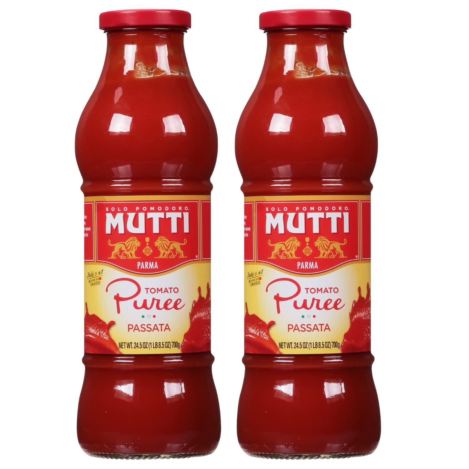 Mutti Tomato Puree Passata bottle top view shows vibrant red sauce for rich sauces