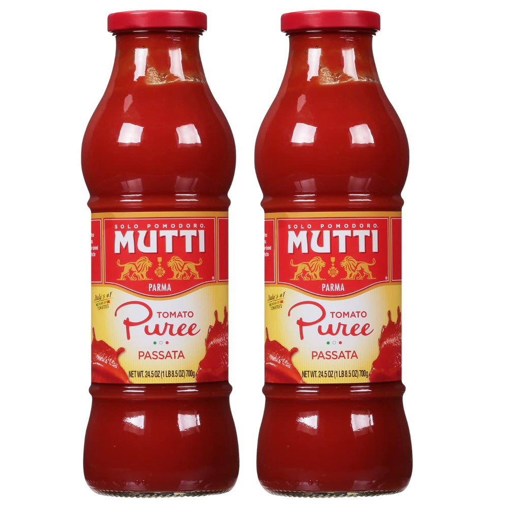 Mutti Tomato Puree Passata bottle top view shows vibrant red sauce for rich sauces