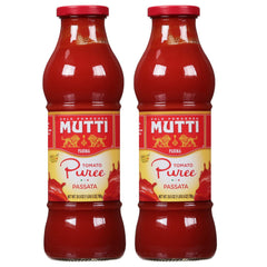 Mutti Tomato Puree Passata bottle top view shows vibrant red sauce for rich sauces