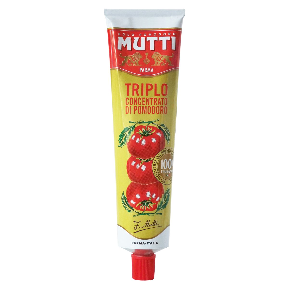 Mutti triple concentrated tomato paste tube front view; rich Italian flavor for sauces.