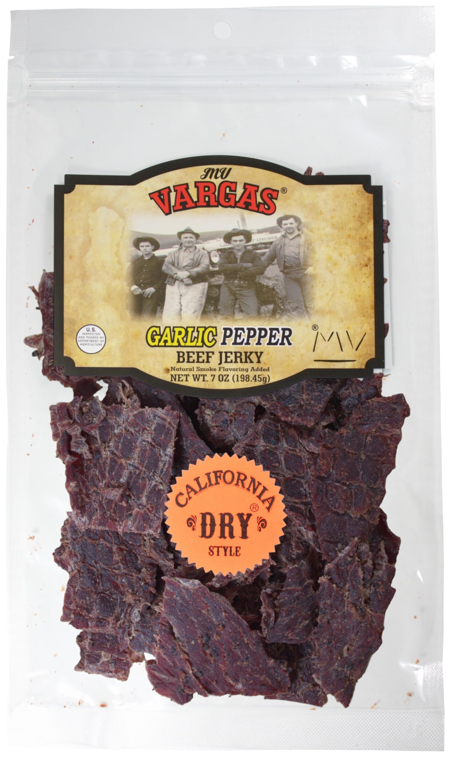MV Vargas California Dry Style Jerky Garlic Pepper bag—on-the-go protein snack.