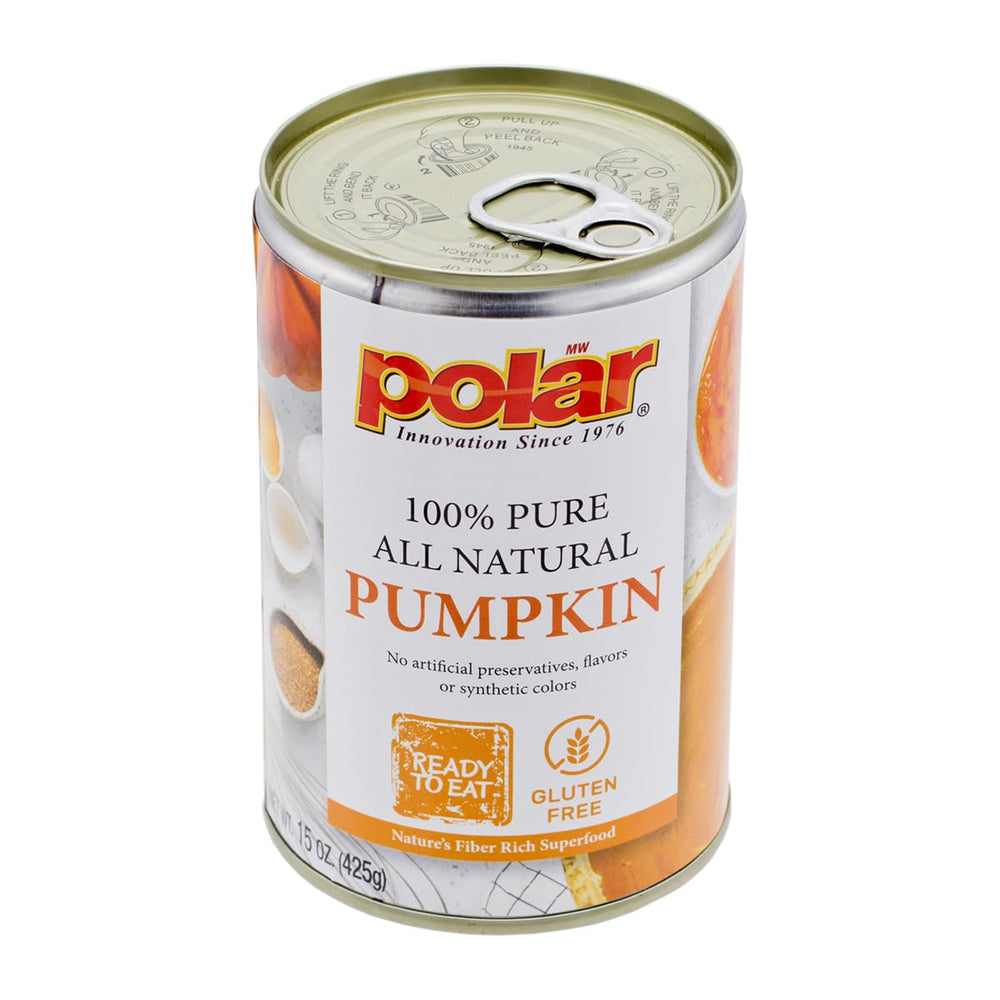 MW Polar All Natural Pumpkin can closeup showing pure pumpkin in a BPA-free can for baking