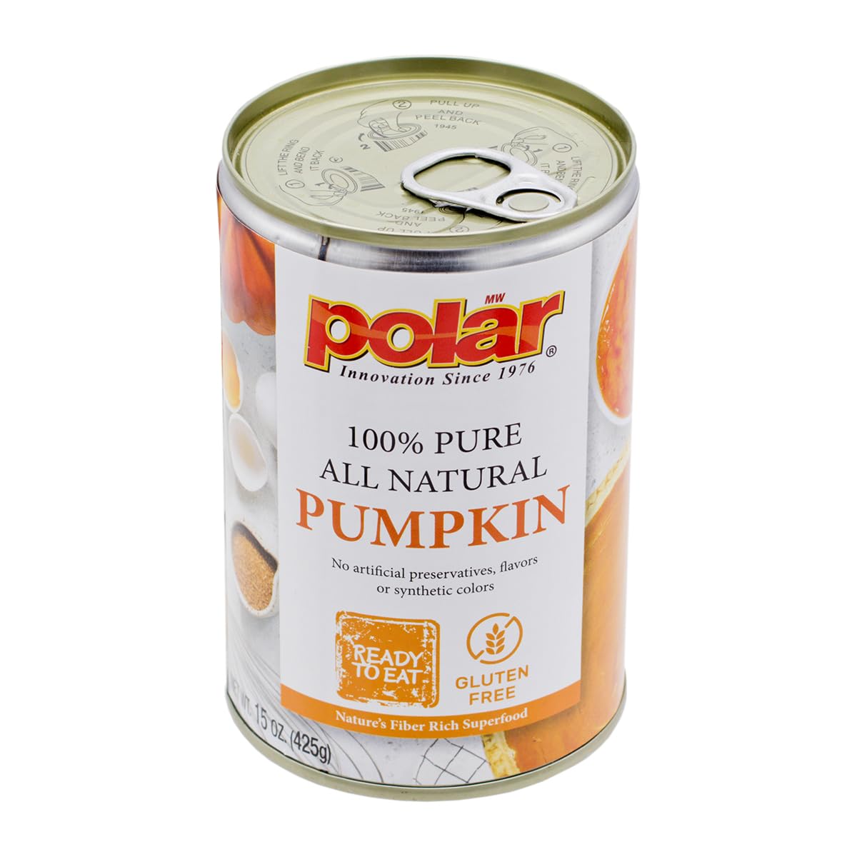 MW Polar All Natural Pumpkin can closeup showing pure pumpkin in a BPA-free can for baking