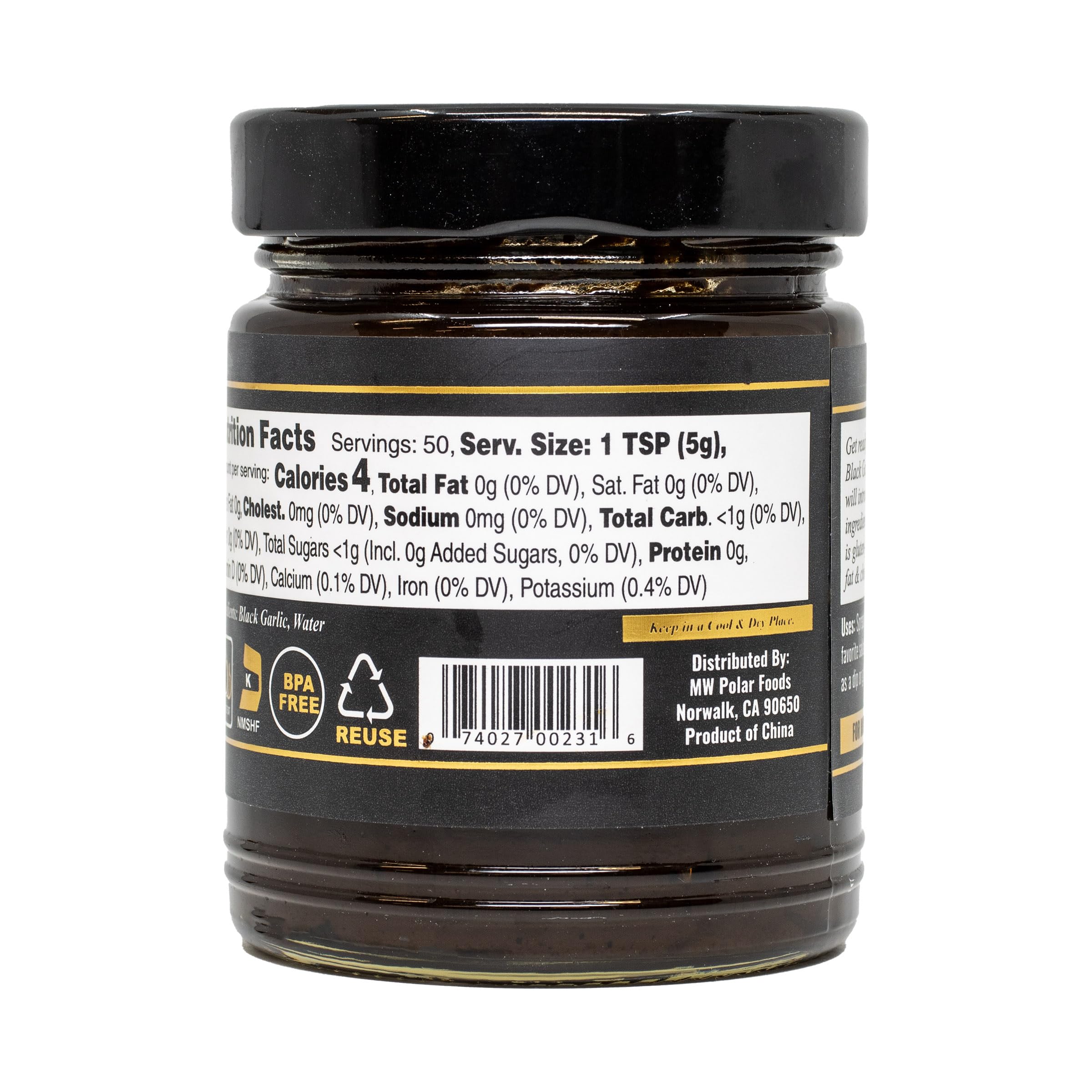 MW Polar Black Garlic Puree jar close-up emphasizes BPA-free glass