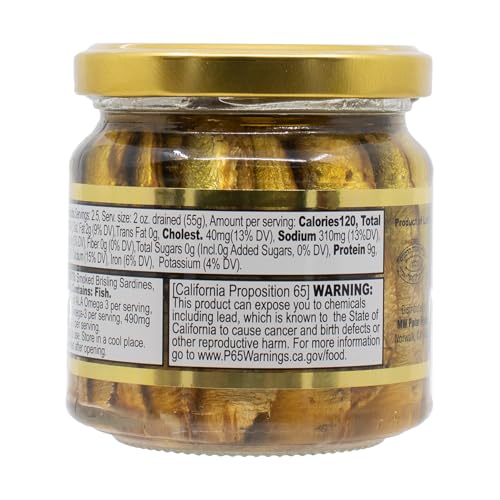 Close-up of MW Polar Brisling sardines in olive oil in a jar with smoky aroma