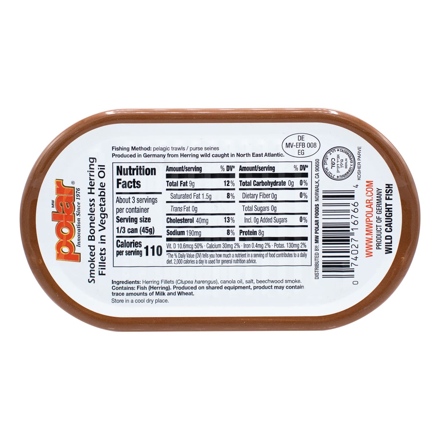 MW Polar smoked herring label close-up, highlights clean ingredients and quality