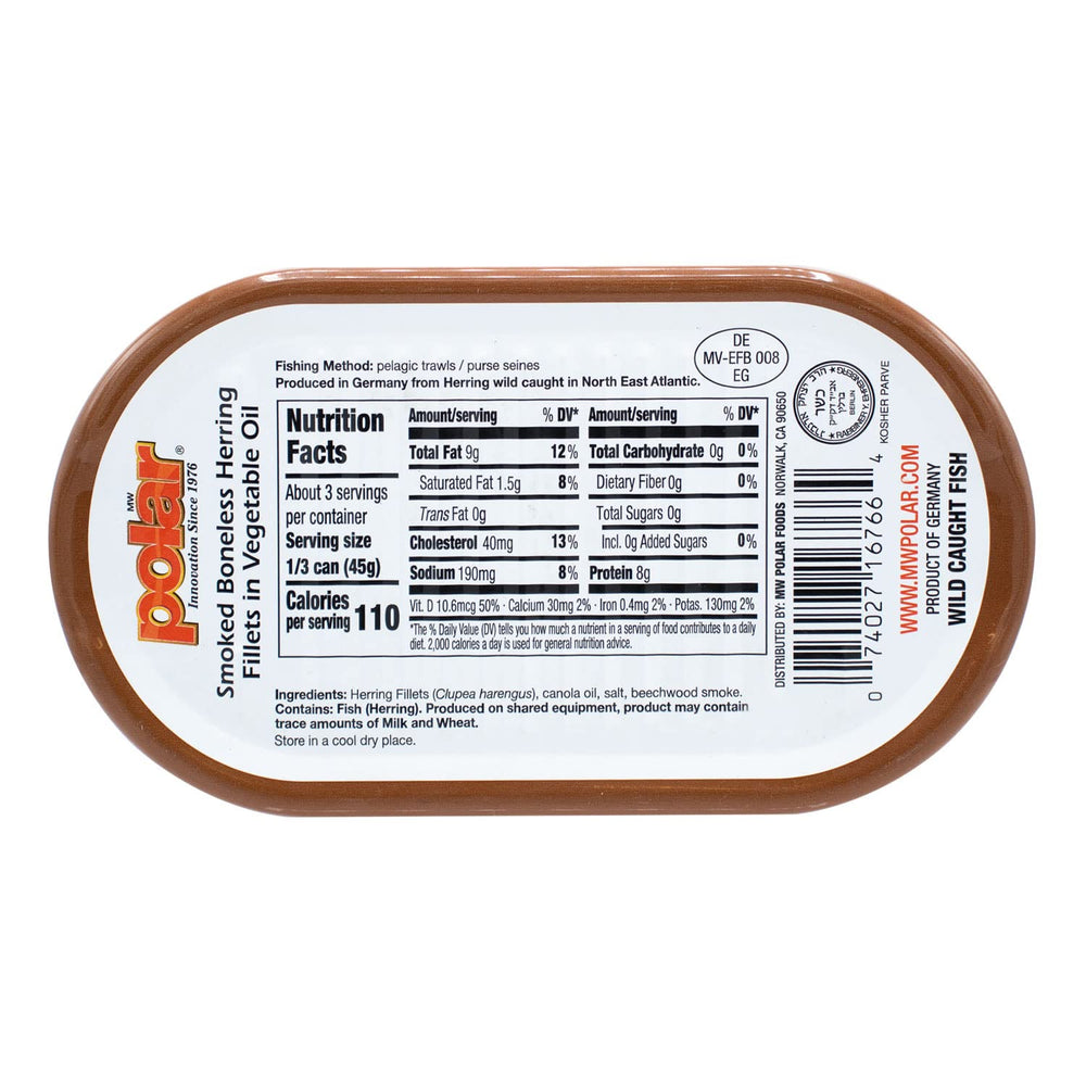MW Polar smoked herring label close-up, highlights clean ingredients and quality