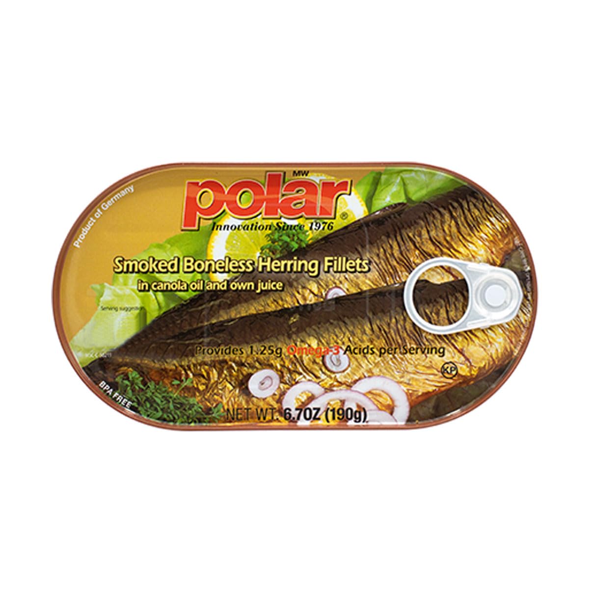 MW Polar smoked herring in vegetable oil – close-up label, natural smoke flavor