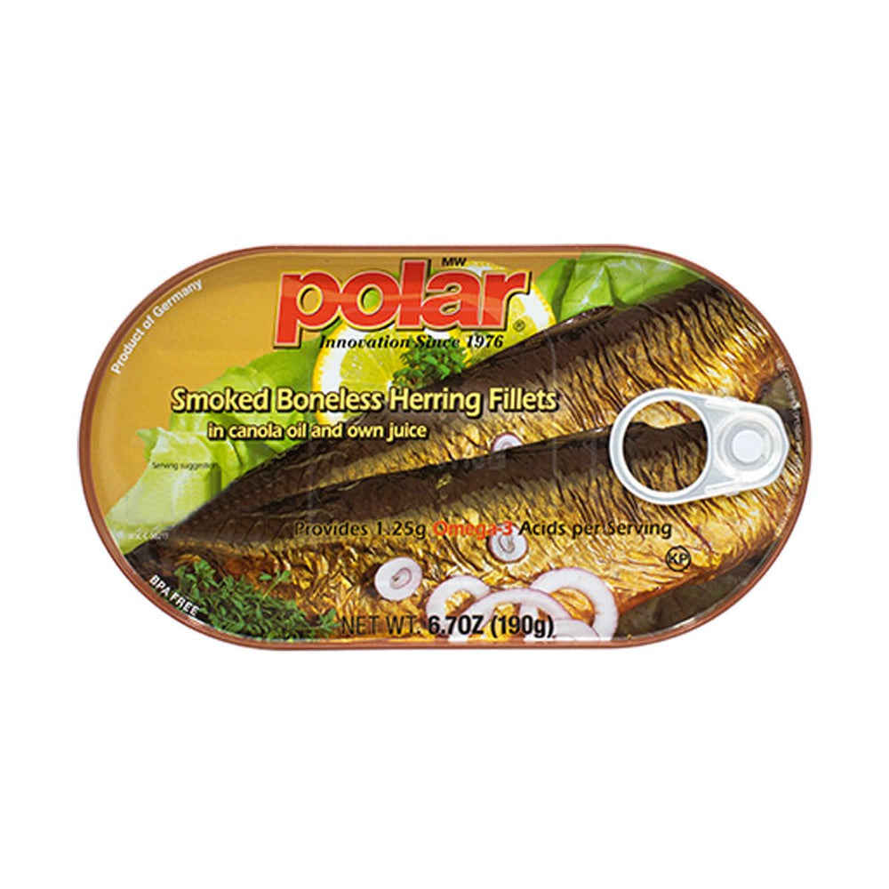 MW Polar smoked herring in vegetable oil – close-up label, natural smoke flavor