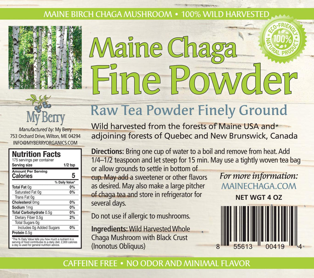 My Berry Chaga powder packaging 4oz jar ready for caffeine-free tea infusion