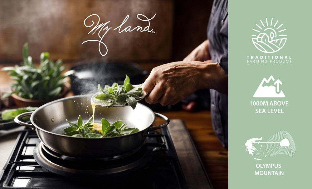 MY LAND Greek mountain sage aroma in a cup, suggesting a calming evening ritual.