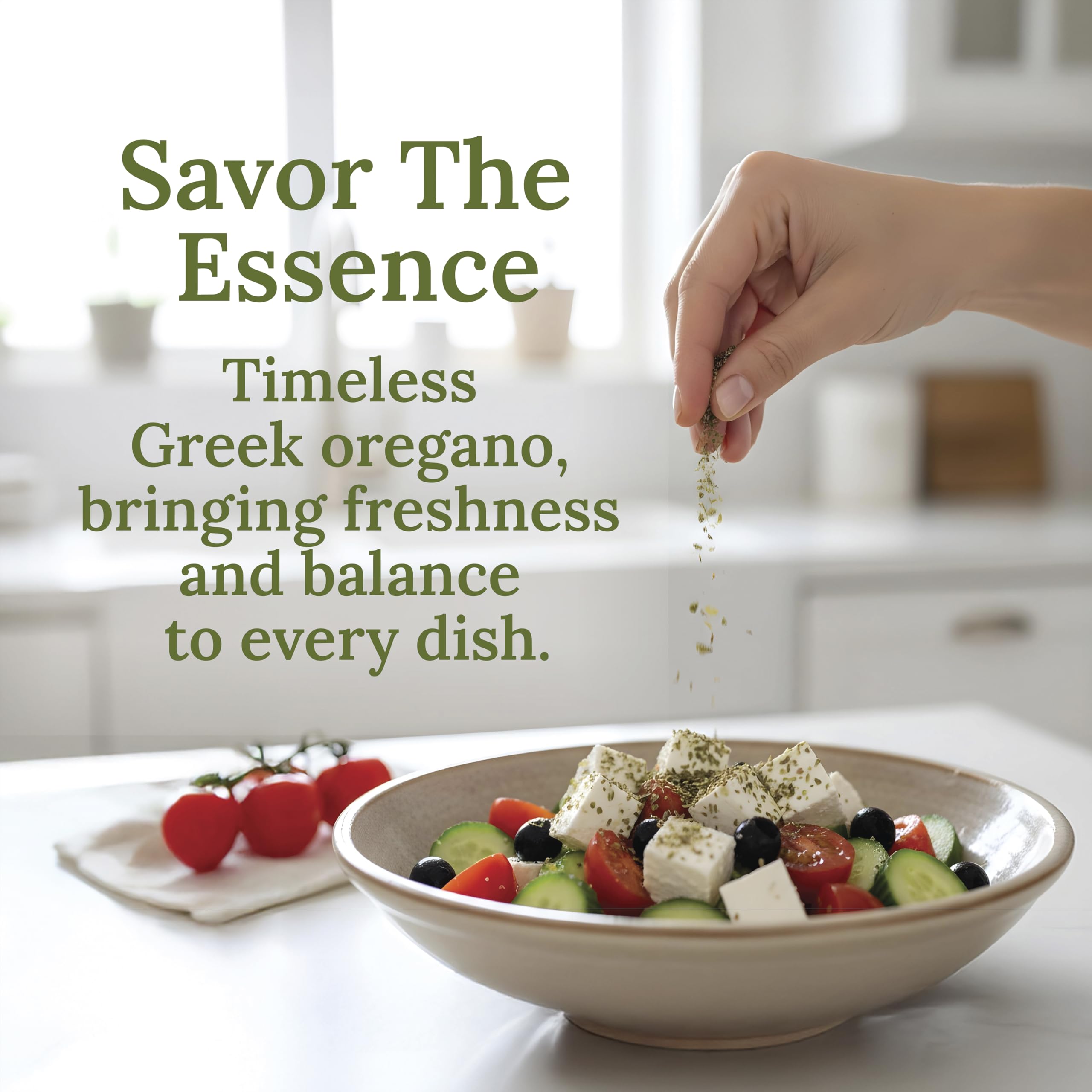 My Land oregano sprinkled over Greek salad for vibrant flavor
