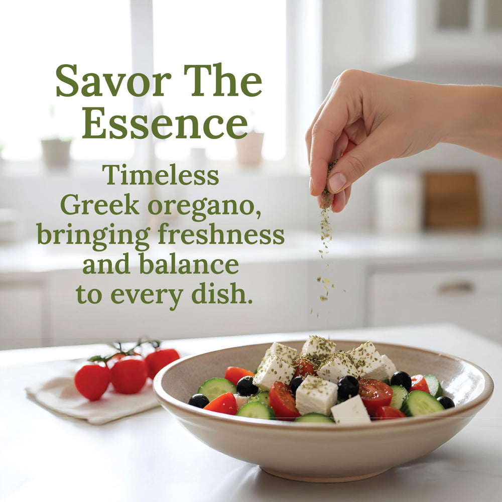 My Land oregano sprinkled over Greek salad for vibrant flavor