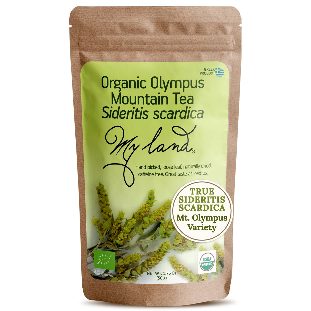 My Land Organic Greek Mountain Tea loose-leaf close-up, premium leaves for a fragrant brew.