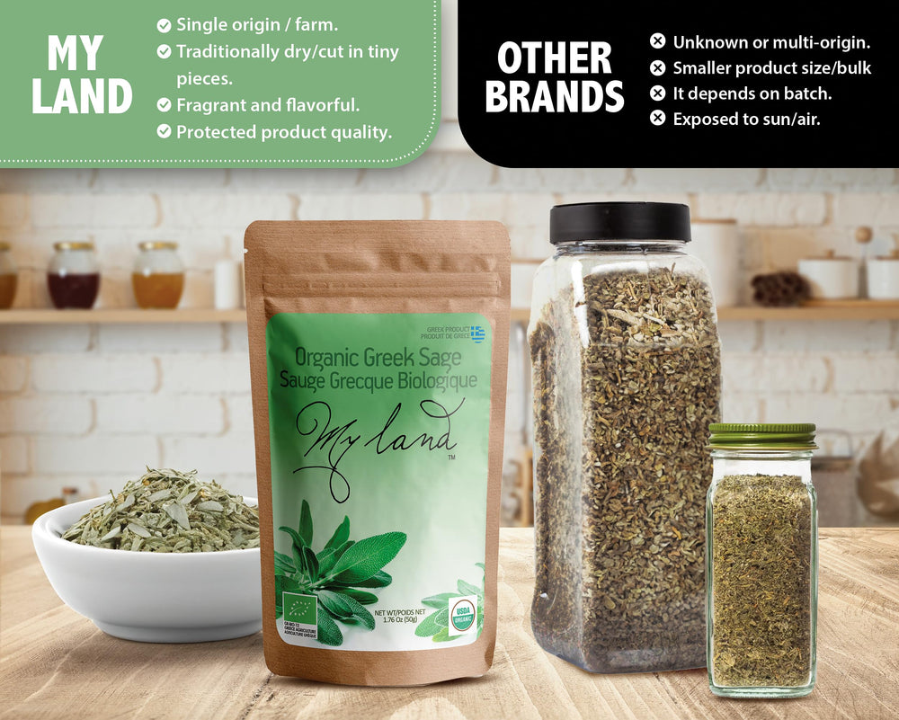 MY LAND resealable pouch of sage leaves keeping freshness from first to last cup.