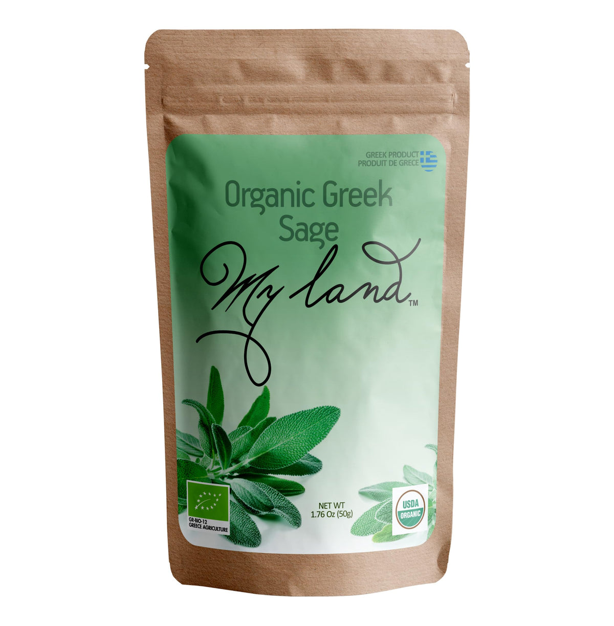 MY LAND sage leaves tea packaging close-up, highlighting premium loose leaves for aromatic cups.