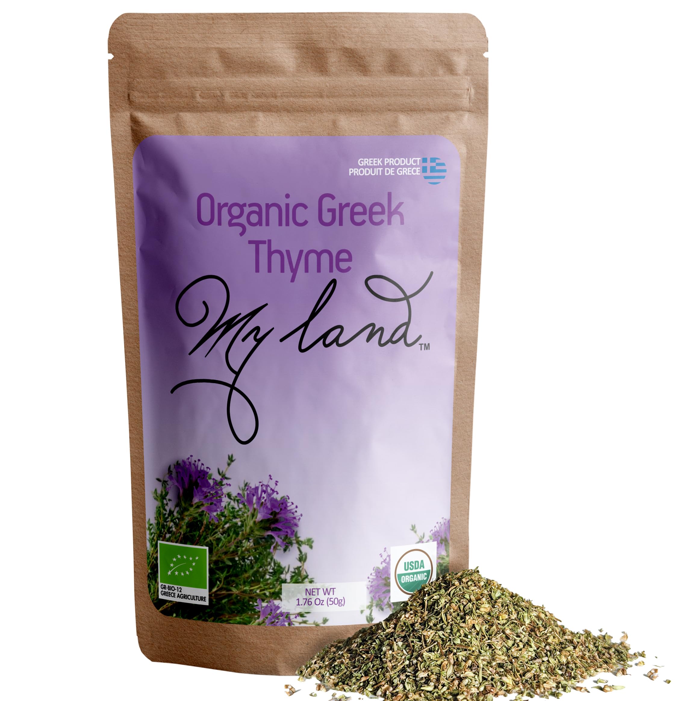 MY LAND thyme leaves pack shot showing organic herb for cooking and tea.