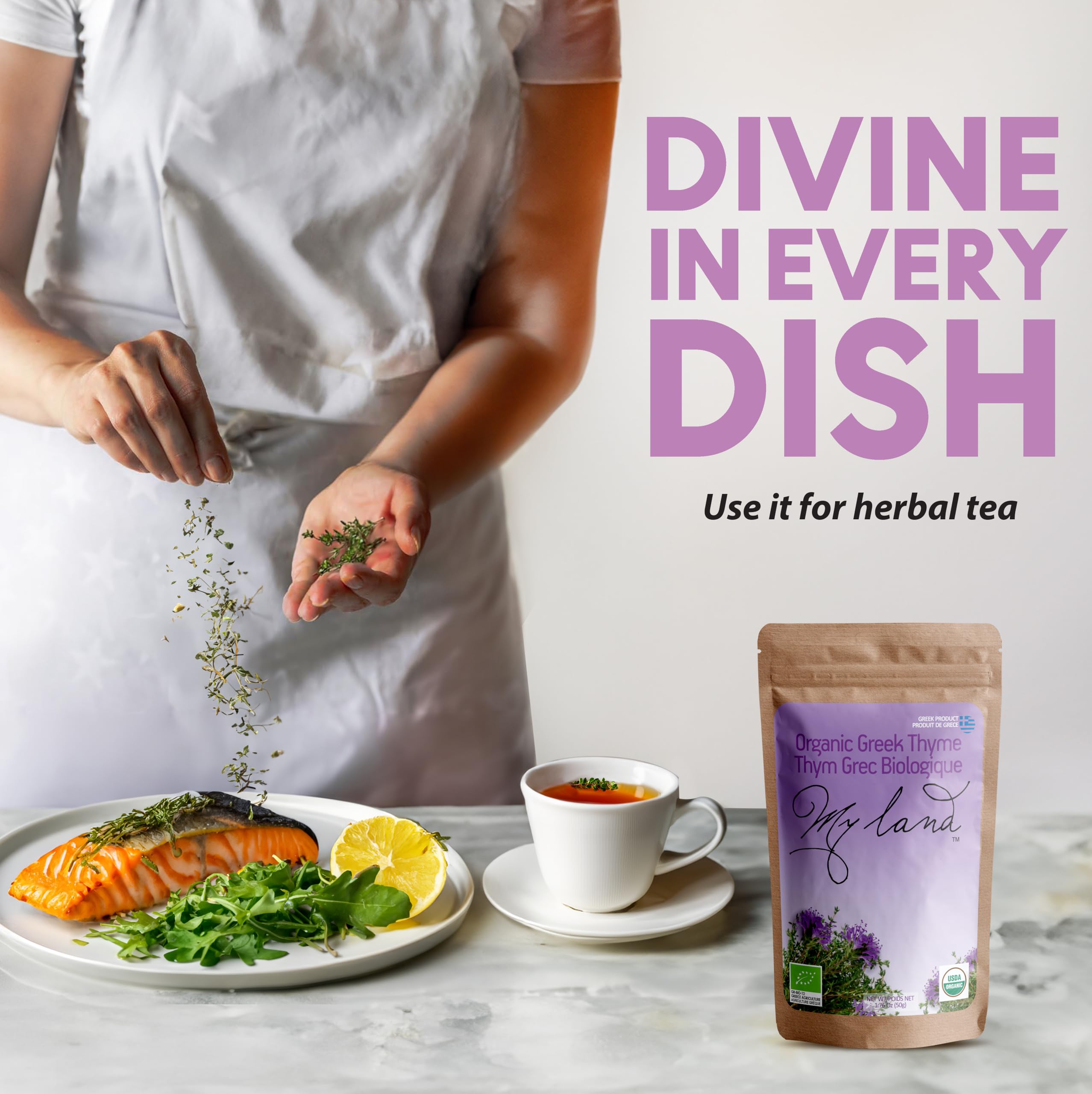 MY LAND thyme leaves sustainably sourced reflects ethical farming and Mediterranean provenance.