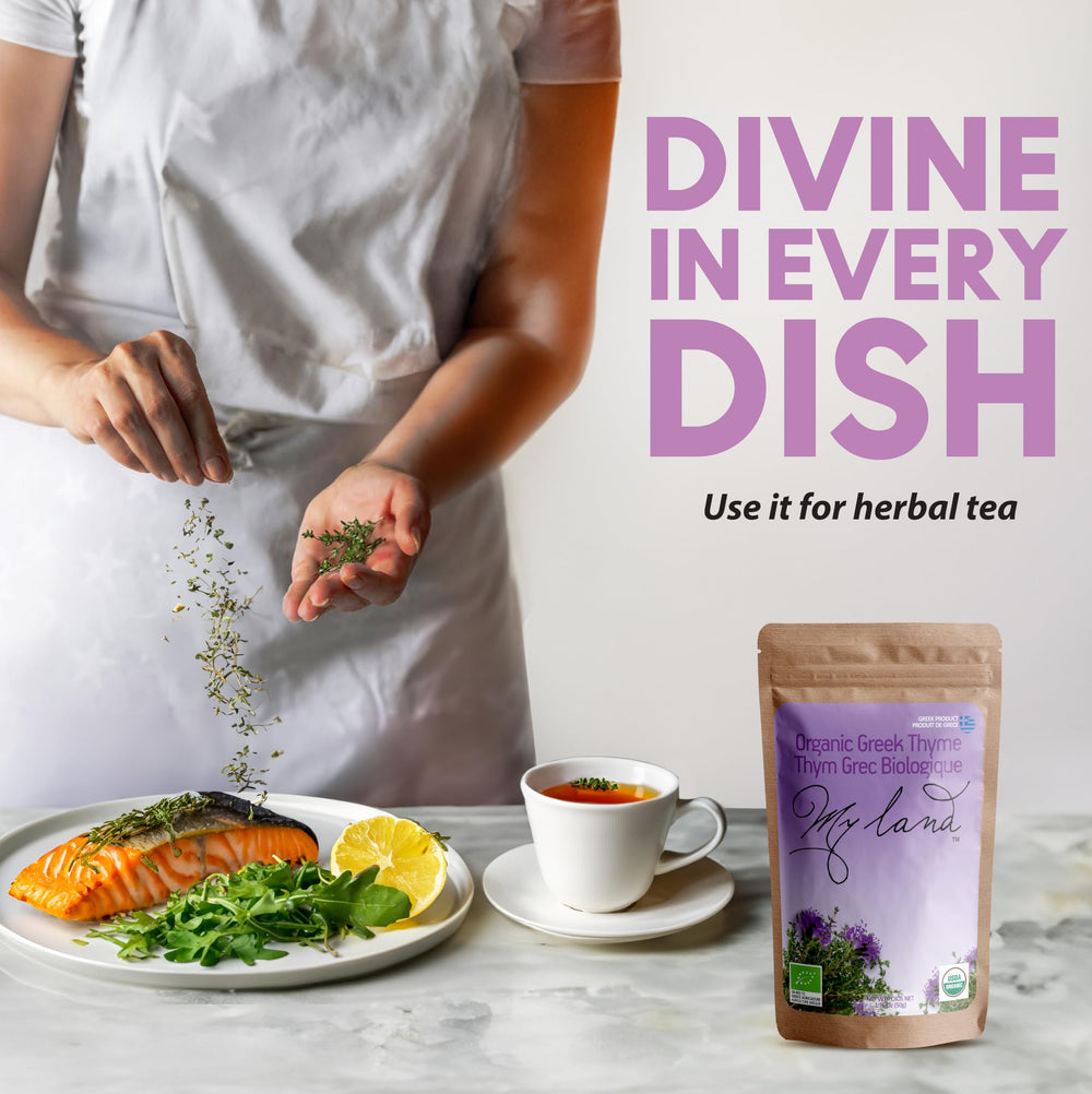 MY LAND thyme leaves sustainably sourced reflects ethical farming and Mediterranean provenance.