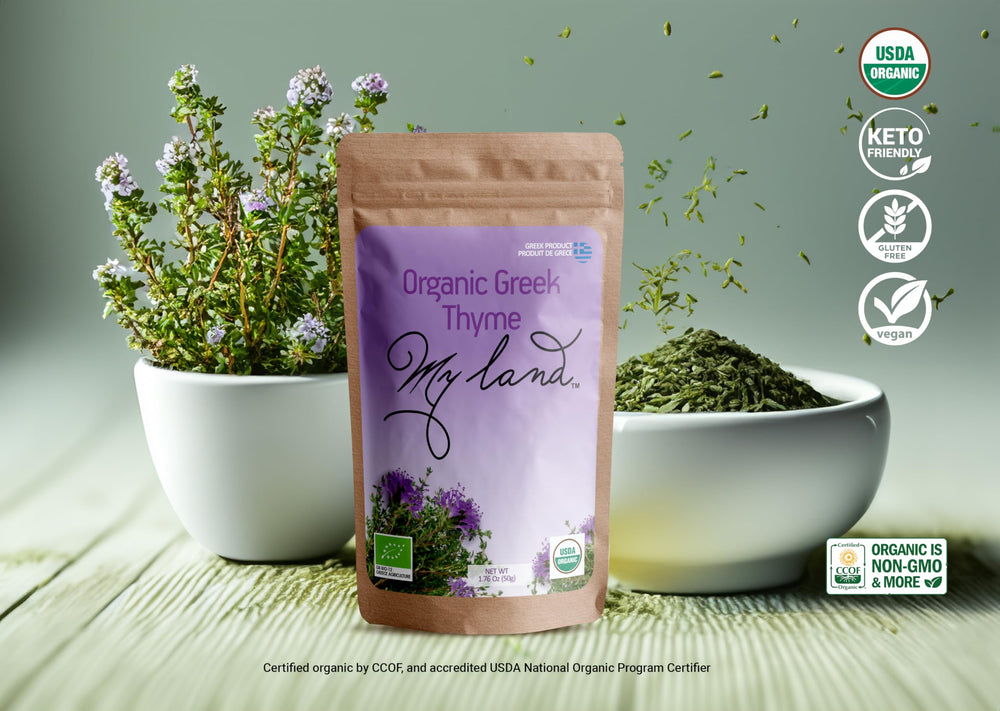 MY LAND thyme leaves whole leaves close-up emphasizing authentic texture and freshness.