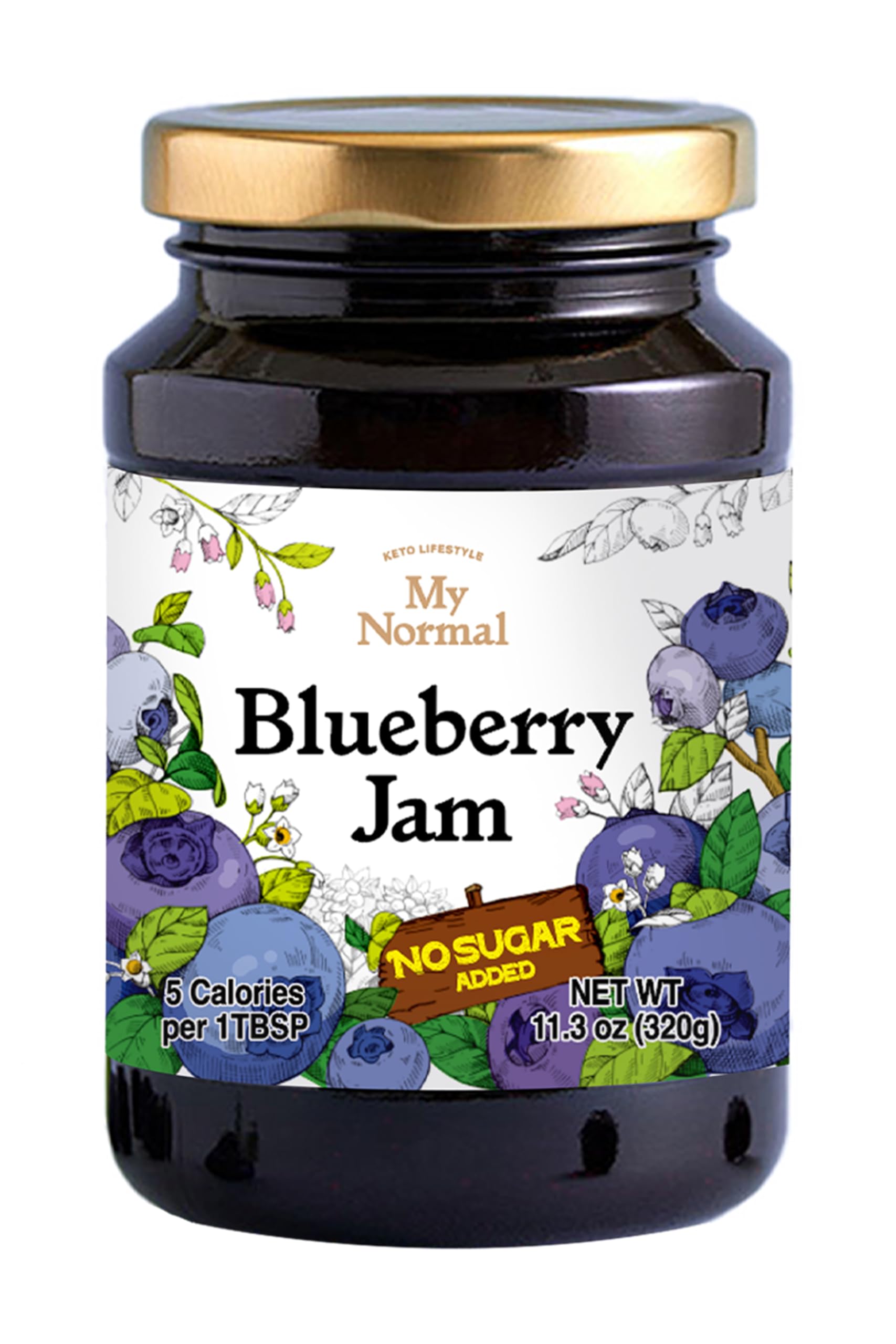 My Normal No Sugar Blueberry Jam jar top showing vibrant blueberries.