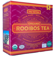 MY RED TEA rooibos tea bags closeup highlights tagless convenience and purity.