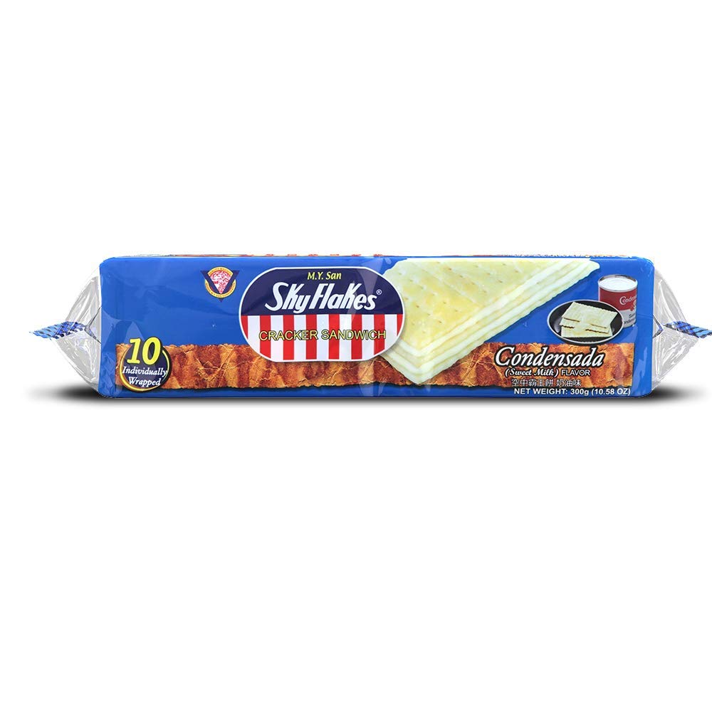 Close-up of M.Y. San SkyFlakes cracker texture, crisp edges and light crumb