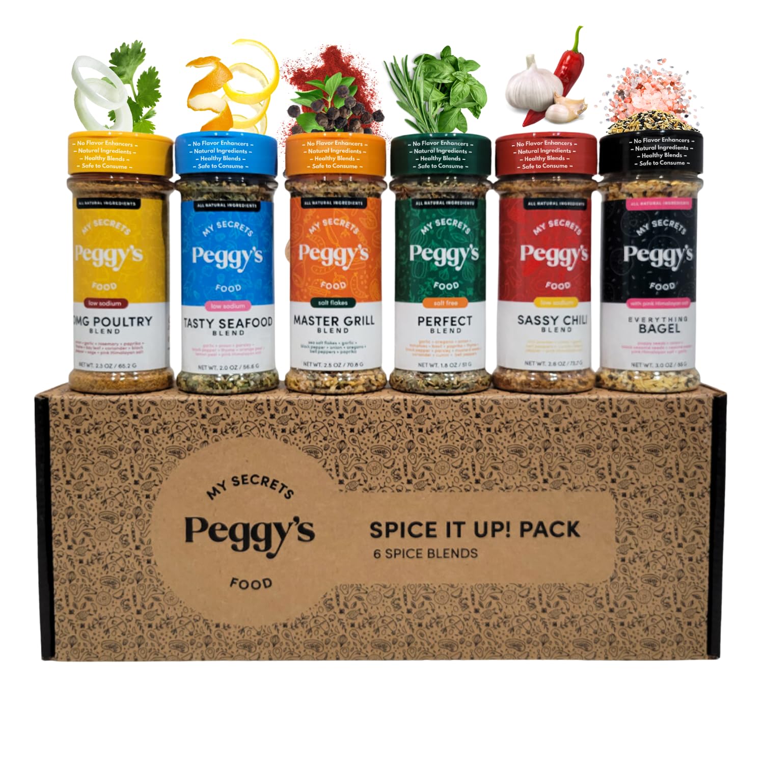 My Secrets Peggy's Food Spice It Up Pack six jars displayed for versatile cooking