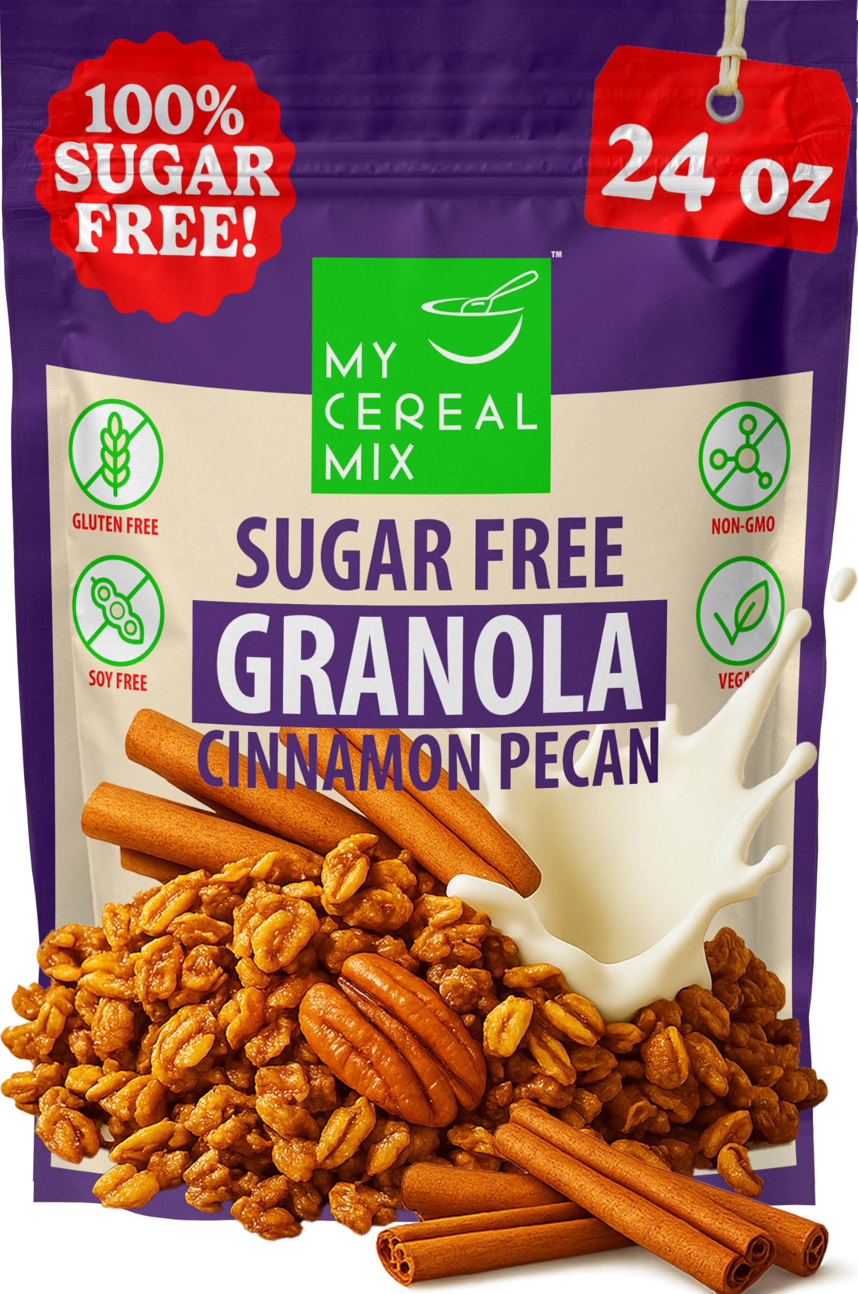 MyCerealMix sugar-free granola Cinnamon Pecan, 24oz bag, ideal for sugar-free breakfasts.