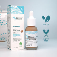 MyChelle serum pump shown for easy application and dewy finish