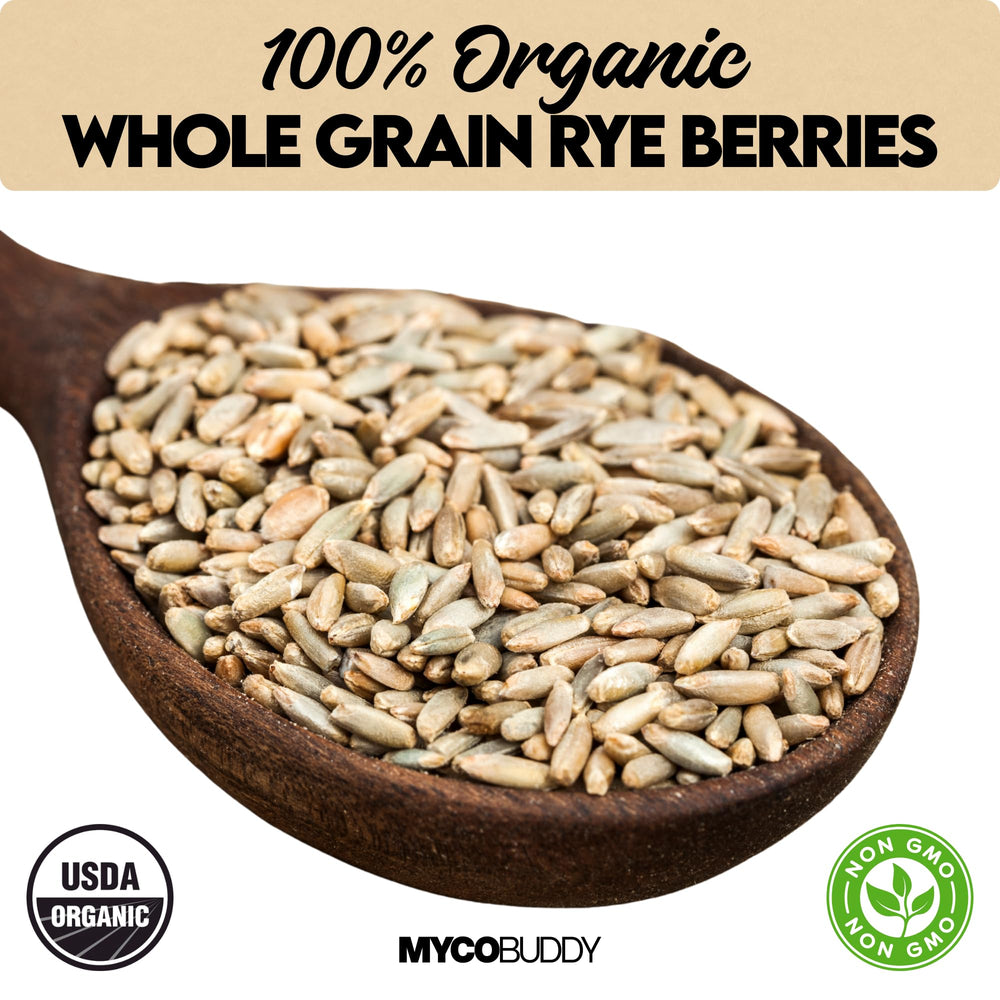 Pouring Myco Buddy rye berries shows easy prep and long shelf life