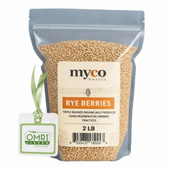 Mycology Basics bulk rye berries in a resealable bag for easy storage.