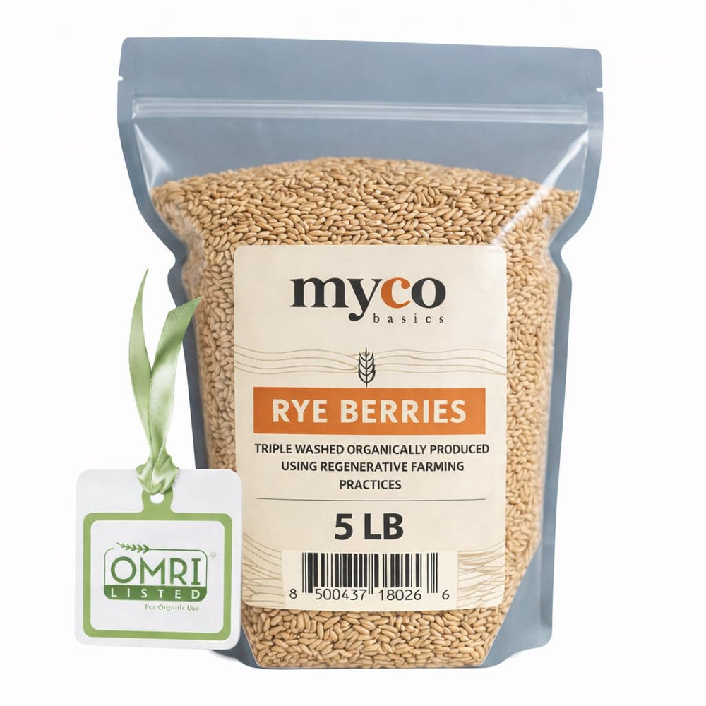 Mycology Basics rye berries in package, ready for clean storage and easy dosing
