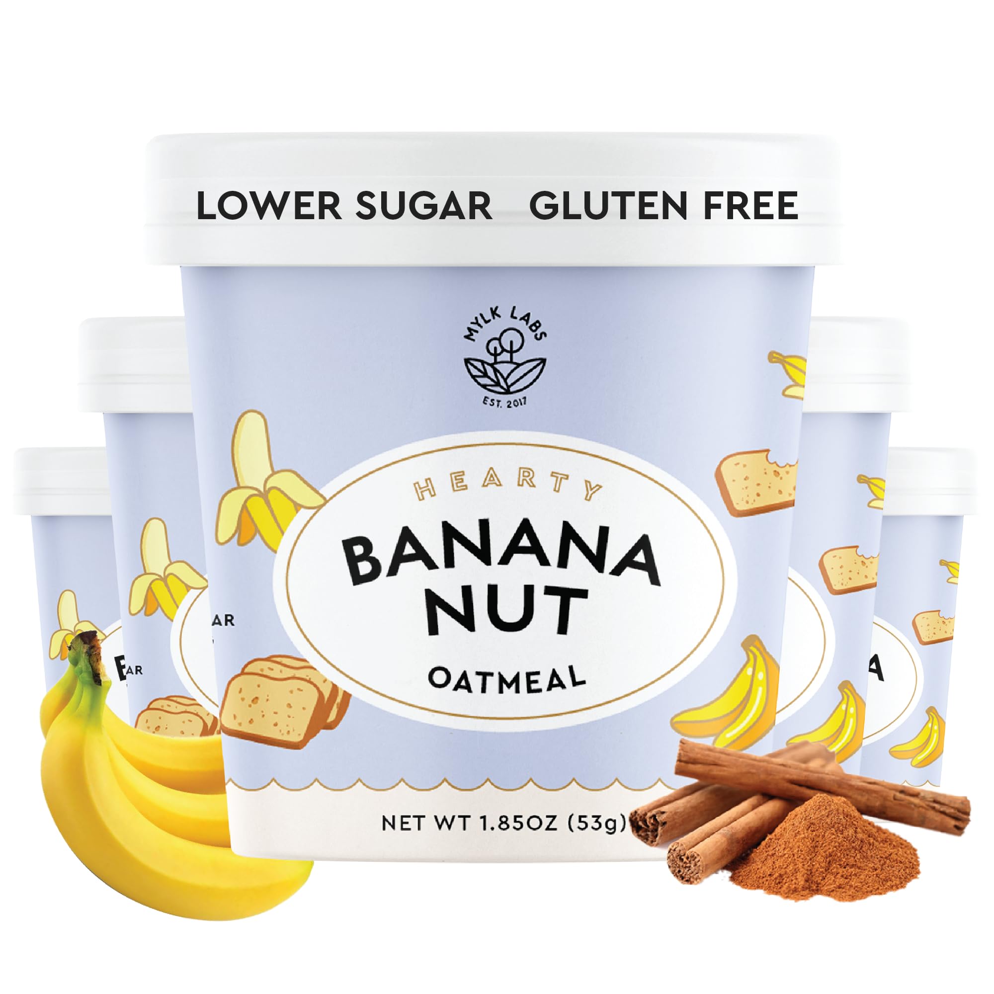 MYLK LABS Banana Nut Oatmeal Cup packaging shows a quick, convenient breakfast option.